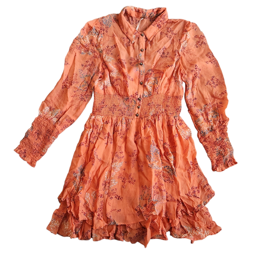 Free People Fake Pretend Babydoll Ruffled Tiered Dress Small Orange Smocked Y2K